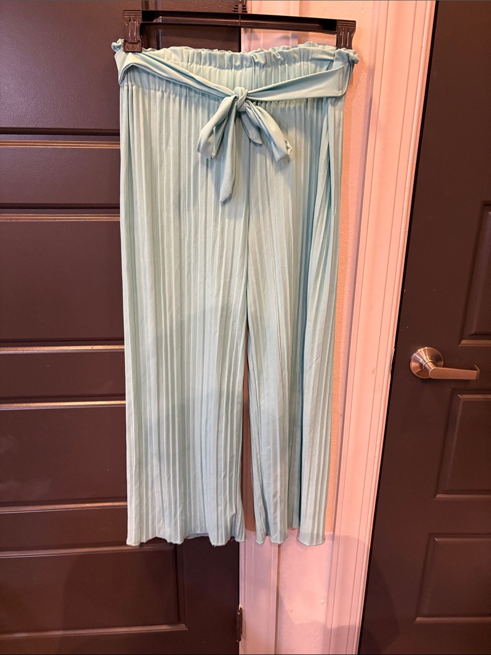 Pleated Wide-Leg Tie-Waist Pants in Light Aqua